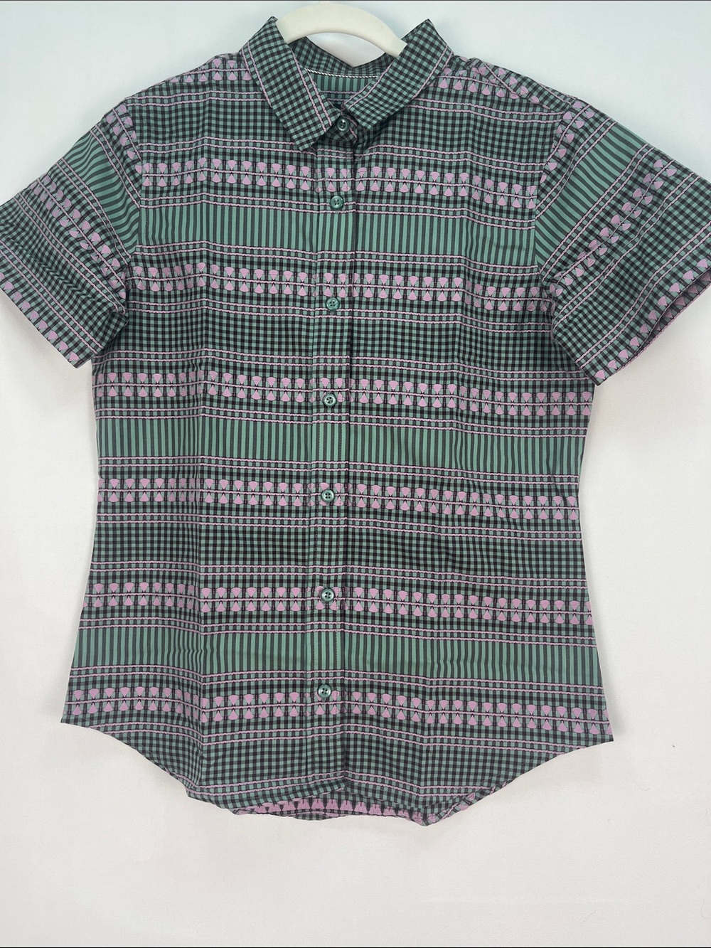 WILDFANG The Essential Button Up Gingham Sage Green Pink Shirt XS NWT